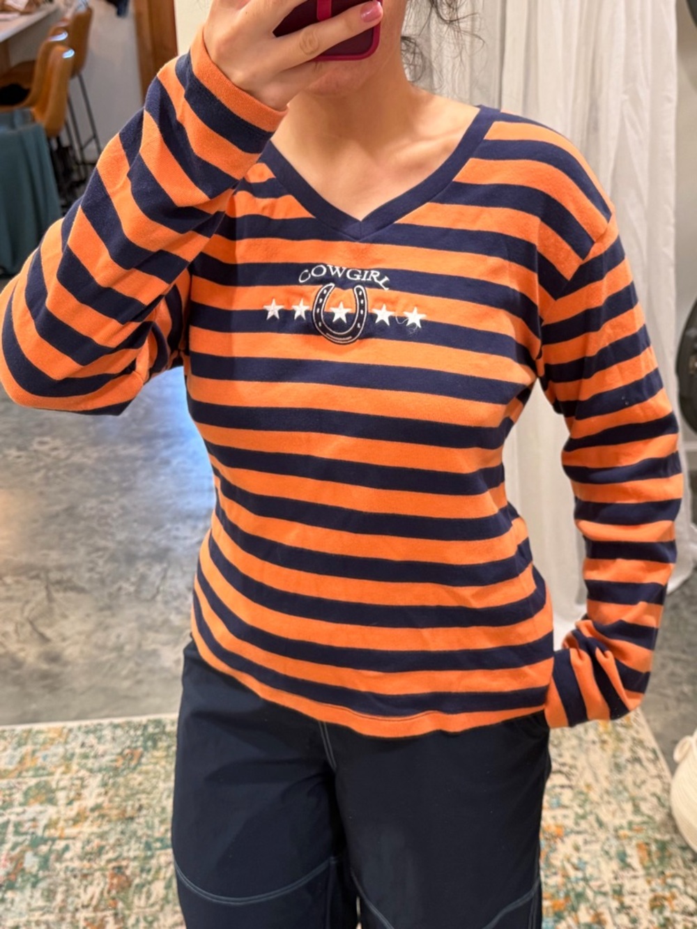 Five Star Striped V-Neck Tee — Orange & Navy